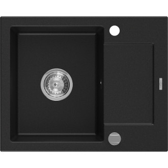 Jednodřezový žulový dřez Mexen Enzo s odkapávačem 576 x 465 mm, černý, chromovaný sifon - 6506571005-77