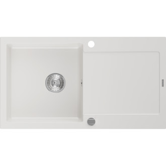 Jednodřezový žulový dřez Mexen Leo s odkapávačem 900 x 500 mm, bílý, chromovaný sifon - 6501901010-20