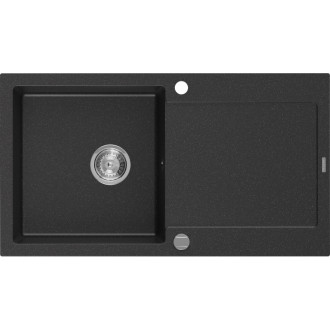 Jednodřezový žulový dřez Mexen Leo s odkapávačem 900 x 500 mm, černá/stříbrná metalíza, chromovaný sifon - 6501901010-73