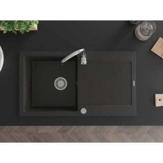 Jednodřezový žulový dřez Mexen Leo s odkapávačem 900 x 500 mm, černá/zlatá metalíza, chromovaný sifon - 6501901010-75