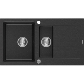 Žulový dřez Mexen Matias 1,5 dřezu s odkapávačem 900 x 505 mm, černá/stříbrná metalíza, chromovaný sifon - 6502901505-73