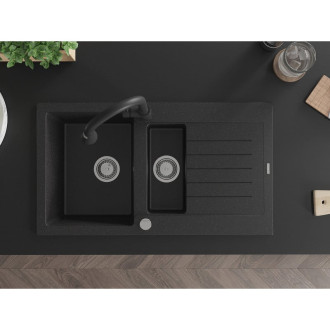 Žulový dřez Mexen Matias 1,5 dřezu s odkapávačem 900 x 505 mm, černá/stříbrná metalíza, chromovaný sifon - 6502901505-73
