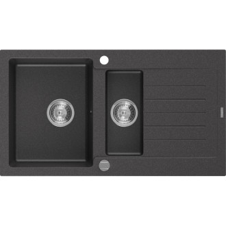 Žulový dřez Mexen Matias 1,5 dřezu s odkapávačem 900 x 505 mm, černá tečkovaná, chromovaný sifon - 6502901505-76