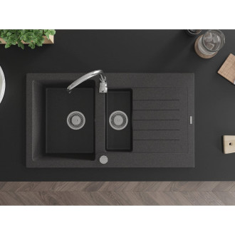 Žulový dřez Mexen Matias 1,5 dřezu s odkapávačem 900 x 505 mm, černá tečkovaná, chromovaný sifon - 6502901505-76