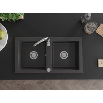 Dvoudřezový žulový dřez Mexen Mario 820 x 436 mm, černá tečkovaná, chromovaný sifon - 6504822000-76