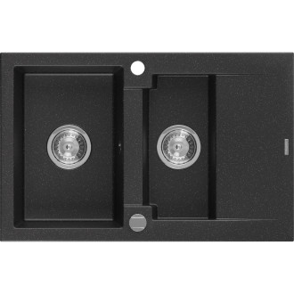 Žulový dřez Mexen Gaspar 1,5 dřezu s odkapávačem 737 x 475 mm, černá/stříbrná metalíza, chromovaný sifon - 6507731505-73