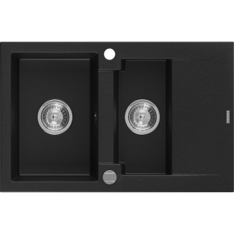 Žulový dřez Mexen Gaspar 1,5-dřezový s odkapávačem 737 x 475 mm, černý, chromovaný sifon - 6507731505-77