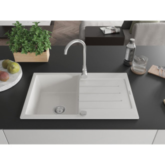 Jednodřezový žulový dřez Mexen Bruno s odkapávačem 795 x 495 mm, bílý, chromovaný sifon - 6513791010-20