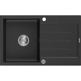 Jednodřezový žulový dřez Mexen Bruno s odkapávačem 795 x 495 mm, černá/stříbrná metalíza, chromovaný sifon - 6513791010-73