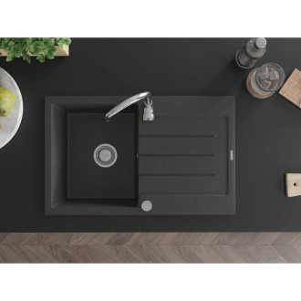 Jednodřezový žulový dřez Mexen Bruno s odkapávačem 795 x 495 mm, černá tečka, chromovaný sifon - 6513791010-76