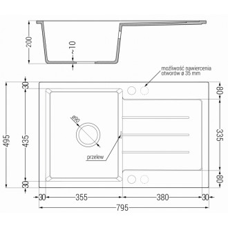 Jednodřezový žulový dřez Mexen Bruno s odkapávačem 795 x 495 mm, černá tečka, chromovaný sifon - 6513791010-76