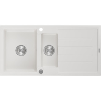 Žulový dřez Mexen Andres 1,5 dřezu s odkapávačem 1000 x 500 mm, bílý, chromovaný sifon - 6515101510-20