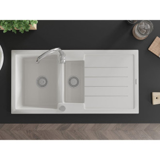 Žulový dřez Mexen Andres 1,5 dřezu s odkapávačem 1000 x 500 mm, bílý, chromovaný sifon - 6515101510-20