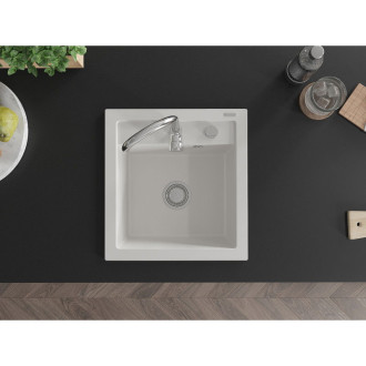 Jednodřezový žulový dřez Mexen Vito 520 x 490 mm, bílý, chromovaný sifon - 6503521000-20