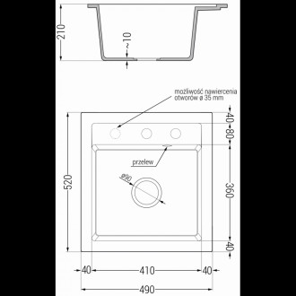 Jednodřezový žulový dřez Mexen Vito 520 x 490 mm, černá/zlatá metalíza, chromovaný sifon - 6503521000-75