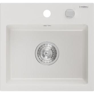 Jednodřezový žulový dřez Mexen Milo 435 x 410 mm, bílý, chromovaný sifon - 6505441000-20