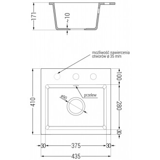 Jednodřezový žulový dřez Mexen Milo 435 x 410 mm, černá/zlatá metalíza, chromovaný sifon - 6505441000-75