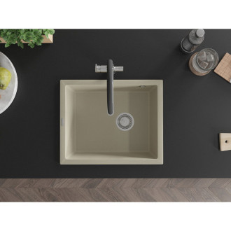 Jednodřezový žulový dřez Mexen Pedro 560 x 460 mm, béžový, chromovaný sifon - 6508561000-69