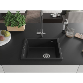 Jednodřezový žulový dřez Mexen Pedro 560 x 460 mm, černý, chromovaný sifon - 6508561000-77