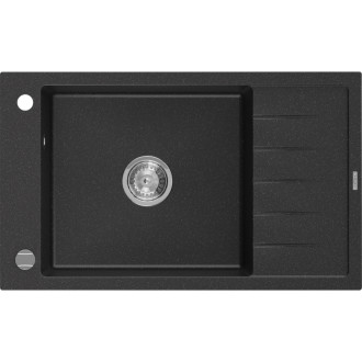 Jednodřezový žulový dřez Mexen Elias s odkapávačem 795 x 480 mm, černá/stříbrná metalíza, chromovaný sifon - 6511791005-73