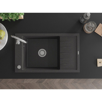 Jednodřezový žulový dřez Mexen Elias s odkapávačem 795 x 480 mm, černá tečka, chromovaný sifon - 6511791005-76
