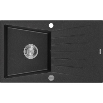 Jednodřezový žulový dřez Mexen Cesar s odkapávačem 775 x 470 mm, černá/stříbrná metalíza, chromovaný sifon - 6514771010-73