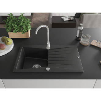 Jednodřezový žulový dřez Mexen Cesar s odkapávačem 775 x 470 mm, černá/stříbrná metalíza, chromovaný sifon - 6514771010-73