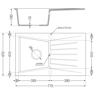 Jednodřezový žulový dřez Mexen Cesar s odkapávačem 775 x 470 mm, černá/stříbrná metalíza, chromovaný sifon - 6514771010-73