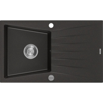 Jednodřezový žulový dřez Mexen Cesar s odkapávačem 775 x 470 mm, černá/zlatá metalíza, chromovaný sifon - 6514771010-75