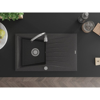 Jednodřezový žulový dřez Mexen Cesar s odkapávačem 775 x 470 mm, černá tečka, chromovaný sifon - 6514771010-76