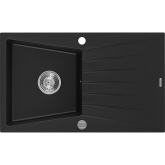 Jednodřezový žulový dřez Mexen Cesar s odkapávačem 775 x 470 mm, černý, chromovaný sifon - 6514771010-77