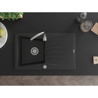 Jednodřezový žulový dřez Mexen Cesar s odkapávačem 775 x 470 mm, černý, chromovaný sifon - 6514771010-77