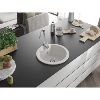 Jednodřezový žulový dřez Mexen Diego 488 x 480 mm, bílý, chromovaný sifon - 6512481000-20