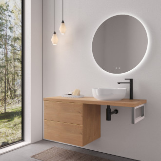 CERANO - Deska pod umyvadlo Navira Pro - 121x46,5x3,6 cm - skříńka Velora 59 cm - dub medový, zlatá úchytka - konzole chrom