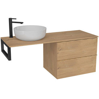 CERANO - Deska pod umyvadlo Navira Slim - 141x46,5x3,6 cm - skříńka Velora 69 cm - dub medový, zlatá úchytka - konzole černá