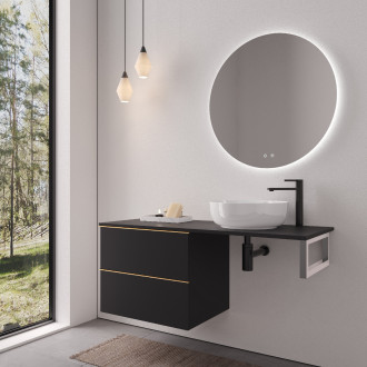 CERANO - Deska pod umyvadlo Navira Slim - 161x46,5x3,6 cm - skříńka Velora 79 cm - černá matná, zlatá úchytka - konzole chrom