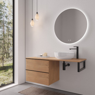 CERANO - Deska pod umyvadlo Navira Slim - 161x46,5x3,6 cm - skříńka Velora 79 cm - dub medový, černá úchytka - konzole černá