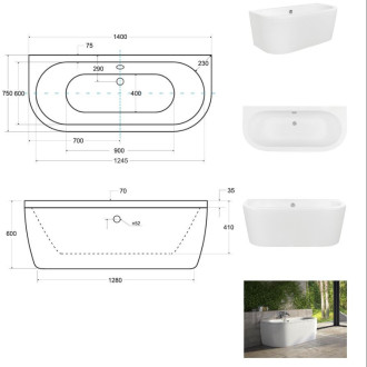 BESCO vana volně stojící VISTA, 1400 × 750 mm, bílá barva, sanitární kompozit VANTUR140