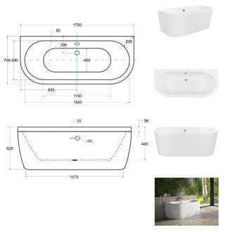 BESCO vana volně stojící VISTA, 1700 × 750 mm, bílá barva, sanitární kompozit VANTUR170