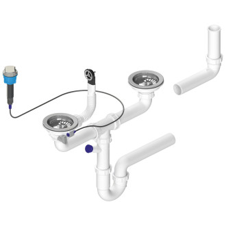 Dřezový sifon s přepadem, ovládáním a odbočkou, 6/4", pro dvojdřez,  včetně pilety, DN40, bílá