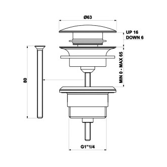 Umyvadlová výpust 5/4“, click-clack, velká zátka, 10-65mm, zlato mat