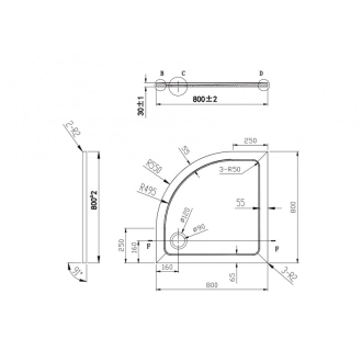KLARA - vanička z litého mramoru, čtvrtkruh 800x800x30 mm, R550, bez noh , VANKCTVRT80
