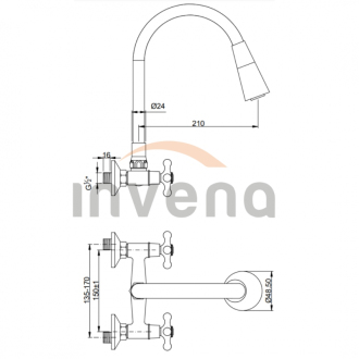 Invena ROMA BC-24-E4S-L Nástěnná dřezová baterie, černá-chrom