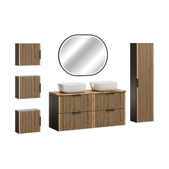 Zestaw meblowy 120cm z blatem, umywalką nablatową Smile, szafką wysoką i lustrem LED