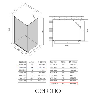 CERANO Sprchový kout Antelo L/P černá mat, transparent sklo 75x100 křídlový CER-482194