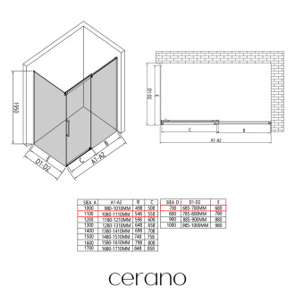 CERANO - Sprchový kout Lantono - pravá - 8 mm - Soft-Close - černá matná, mléčné sklo - 110x70 cm - posuvný