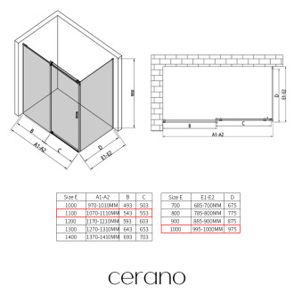CERANO - Sprchový kout Santoro - levá - 6 mm - černá matná, mléčné sklo - 110x100 cm - posuvný
