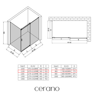CERANO - Sprchový kout Santoro - pravá - 6 mm - černá matná, mléčné sklo - 110x80 cm - posuvný