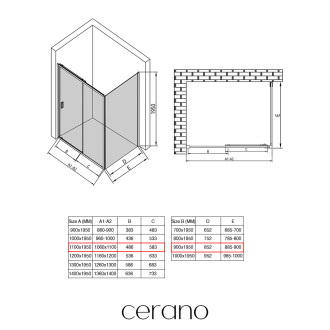 CERANO - Sprchový kout Varone LINE L/P - 6 mm - černá matná, mléčné sklo - 110x90 cm - posuvný