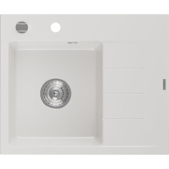 Jednodřezový žulový dřez Mexen Ben s odkapávačem, levý, 600 x 500 mm, bílý, chromovaný sifon - 6522605000-20